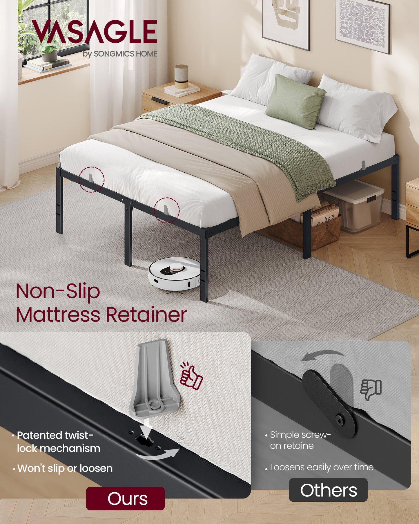 VASAGLE Full Metal Bed Frame 18 Inches Tall, 1100 lb Weight Capacity, No Box Spring Needed, with Under-Bed Storage, Easy Setup, Heavy-Duty Platform Bed, Mattress Retainers, Matte Black