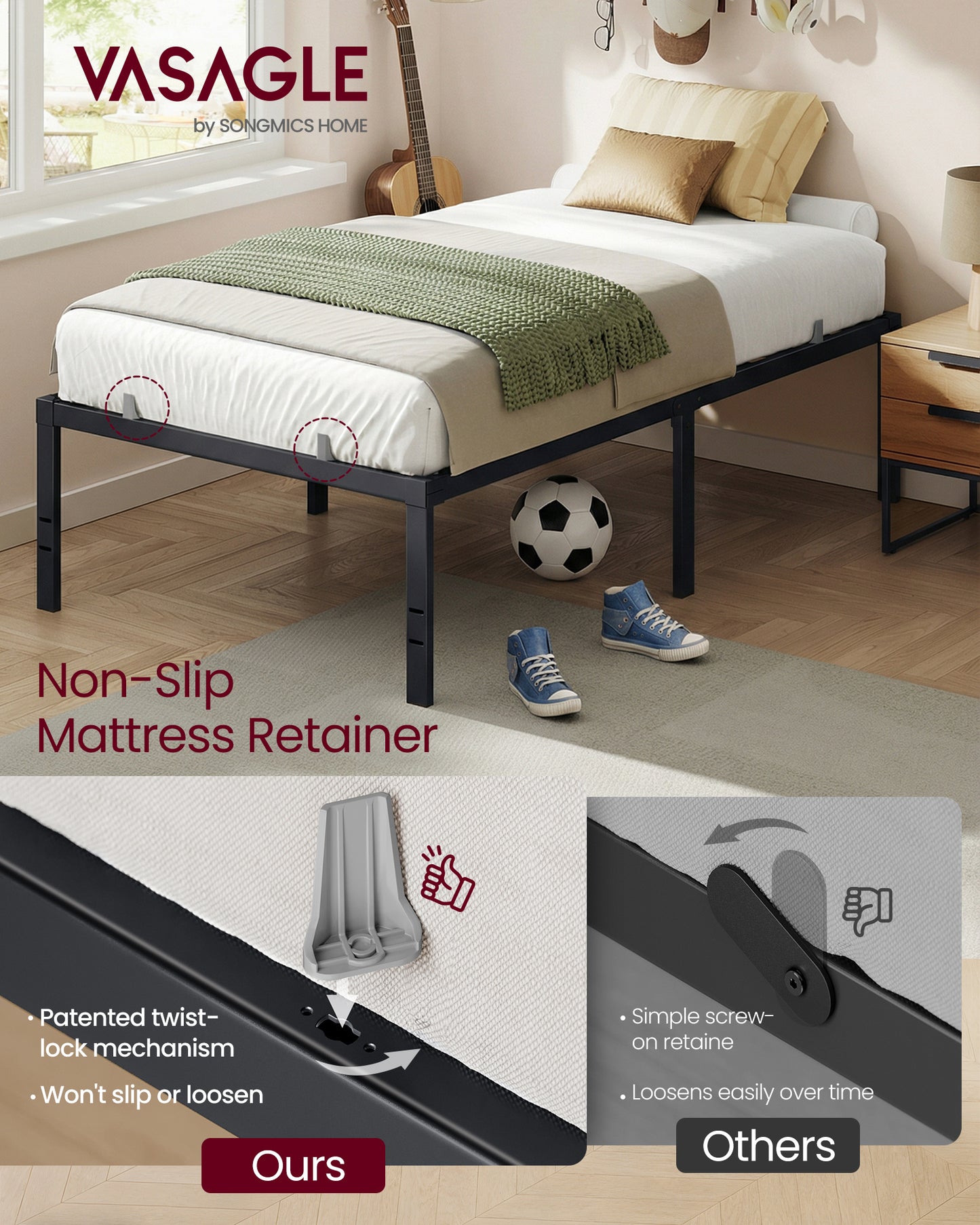VASAGLE Twin Metal Bed Frame 18 Inches Tall, 1100 lb Weight Capacity, No Box Spring Needed, with Under-Bed Storage, Easy Setup, Heavy-Duty Platform Bed, Mattress Retainers, Matte Black