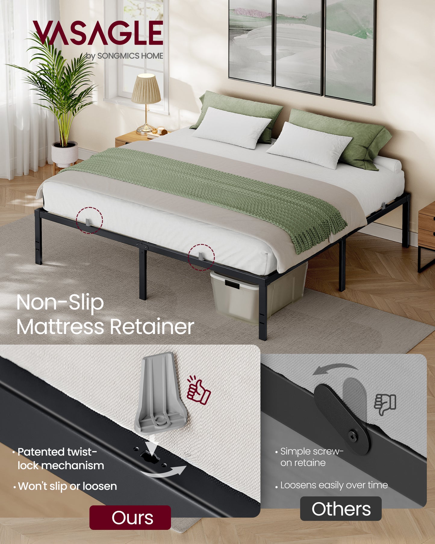 VASAGLE King Metal Bed Frame 18 Inches Tall, 1100 lb Weight Capacity, No Box Spring Needed, with Under-Bed Storage, Easy Setup, Heavy-Duty Platform Bed, Mattress Retainers, Matte Black