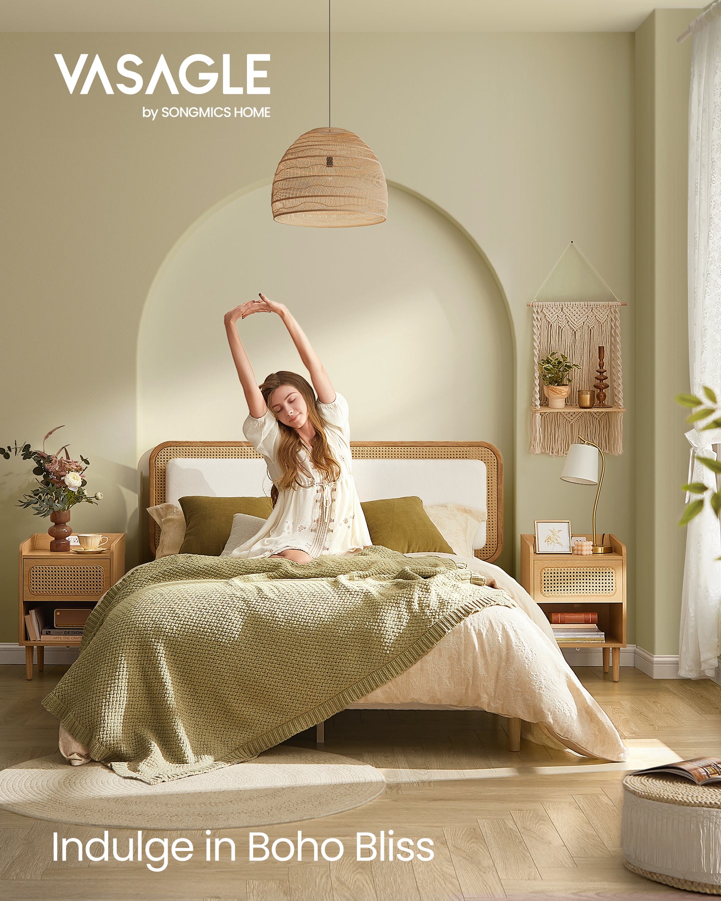 Boho Style Full Size Bed Frame with Adjustable Rattan-Like Headboard - Cloud White and Oak Beige, Boucle Fabric, No Box Spring Needed