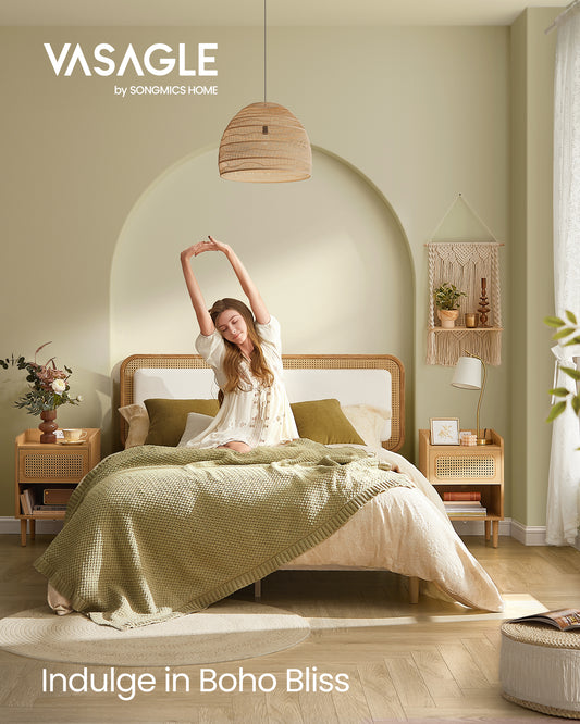 Boho Style Full Size Bed Frame with Adjustable Rattan-Like Headboard - Cloud White and Oak Beige, Boucle Fabric, No Box Spring Needed