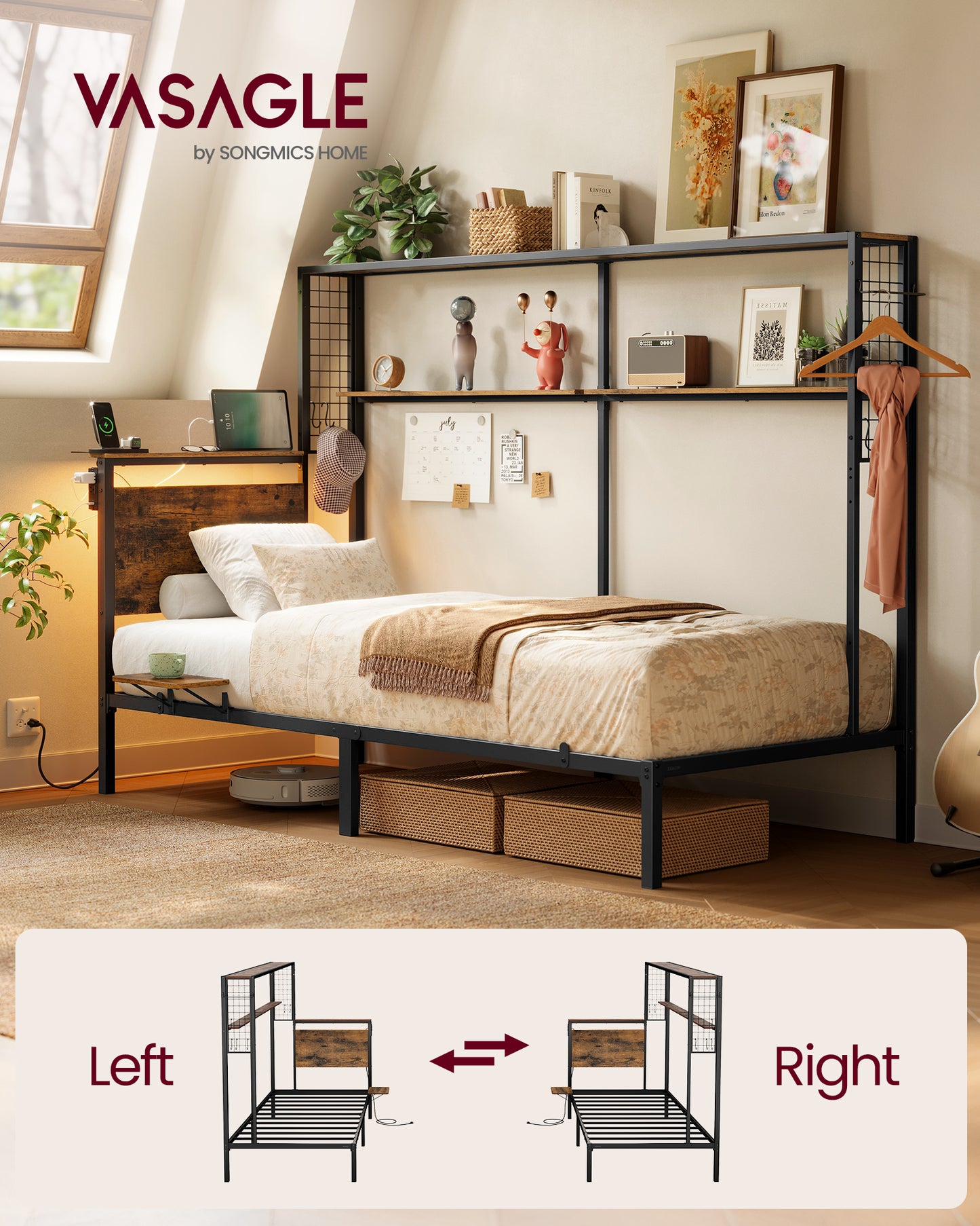 Twin Metal Bed Frame with Headboard, Built-in Bookshelf, LED Lights & Charging Station, Multifunctional Storage Design, No Box Spring Needed,Brown