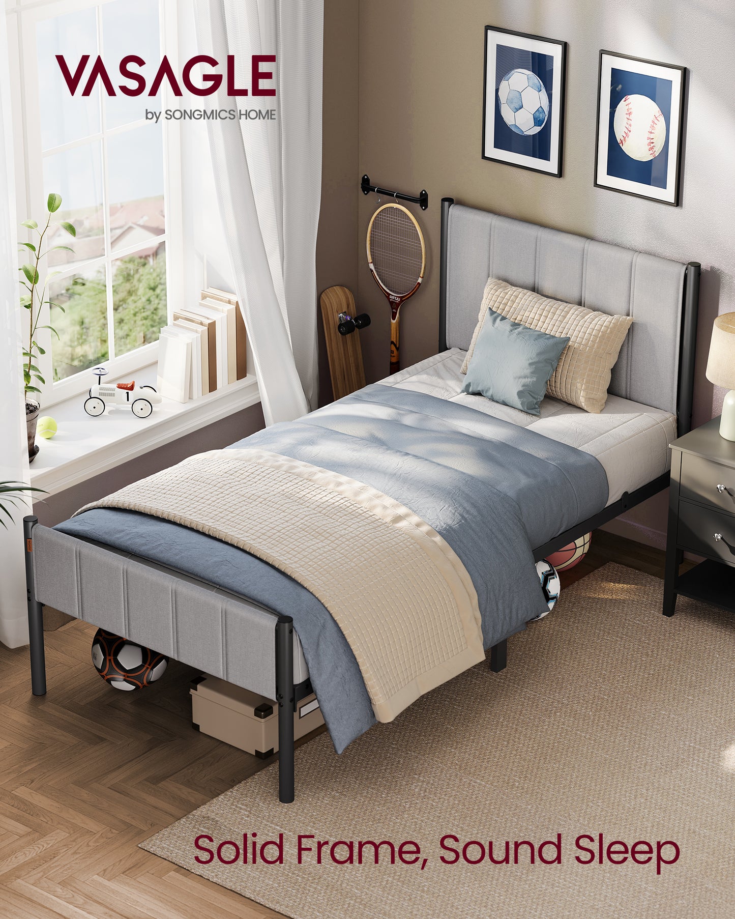 VASAGLE Twin Bed Frame with Upholstered Headboard, Footboard, 550 lb Weight Capacity, Steel Slats, Easy Assembly, No Box Spring Needed, Dove Gray