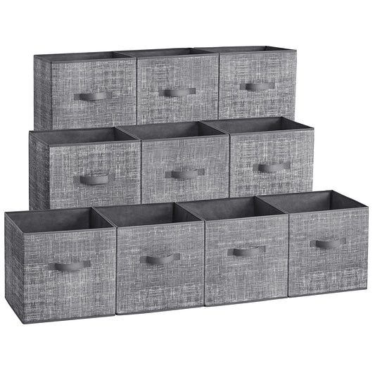 Set of 10 Storage Cubes, 13x13x13 Inch Foldable Fabric Bins with Double Handles, 11 lb Capacity Each for Closet Shelves Organization, Cattail Gray