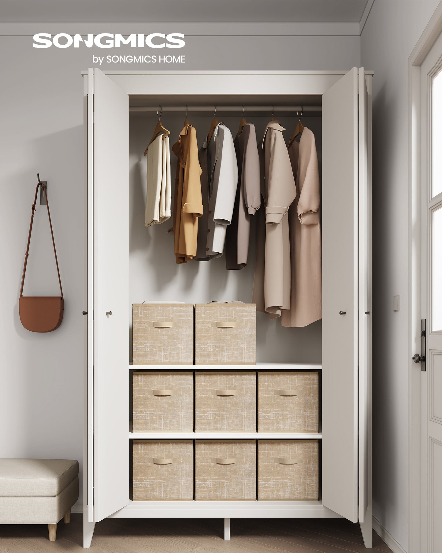 Set of 8 Storage Cubes, 13x13x13 Inch Foldable Fabric Bins with Double Handles, 11 lb Capacity Each for Closet Shelves Organization, Sand Beige