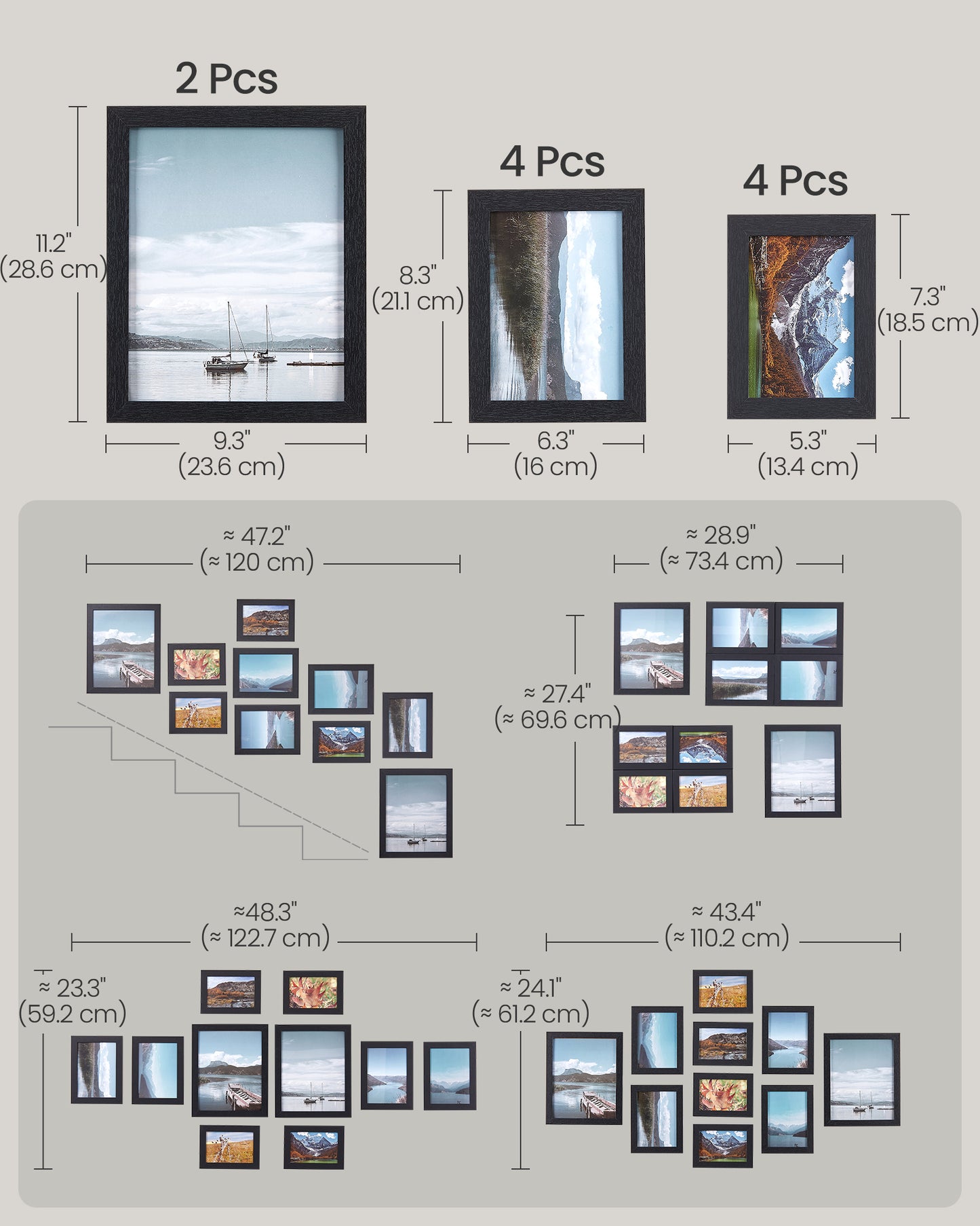 SONGMICS Picture Frames 10 Pack Collage Picture Frames with Two 8x10, Four 5x7, Four 4x6 Hanging or Tabletop Display Photo Frame Set Black
