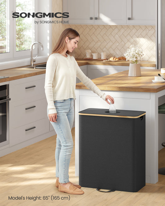 Recycling Bin for Kitchen 35.7 Gallon. Bottle Recycling Container, Collection Bin, for Metal, Plastic, Paper, Glass, Inner Bag with Handles, Kitchen, Ink Black and Natural Beige