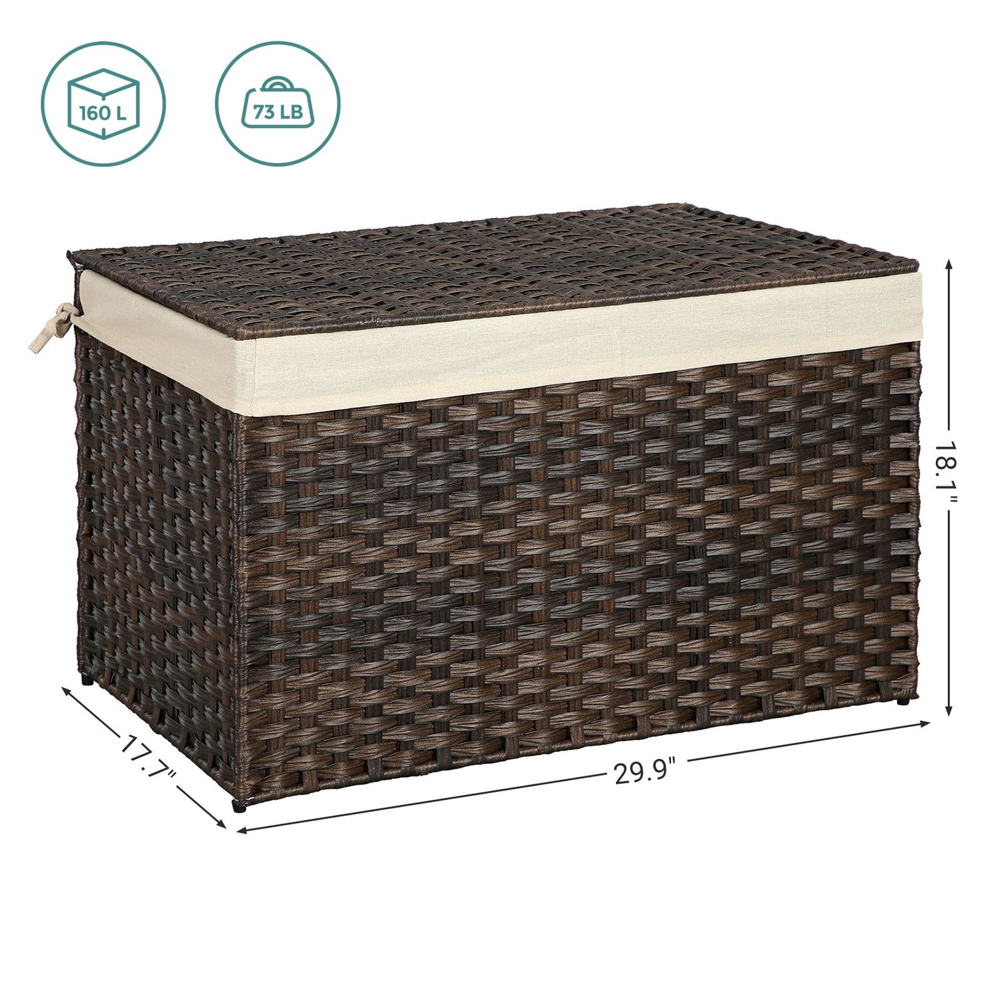 SONGMICS Storage Basket with Lid, 42.3 Gallon (160L) Storage Bin, Woven Blanket Storage Basket with Handles, Foldable, Removable Liner Brown