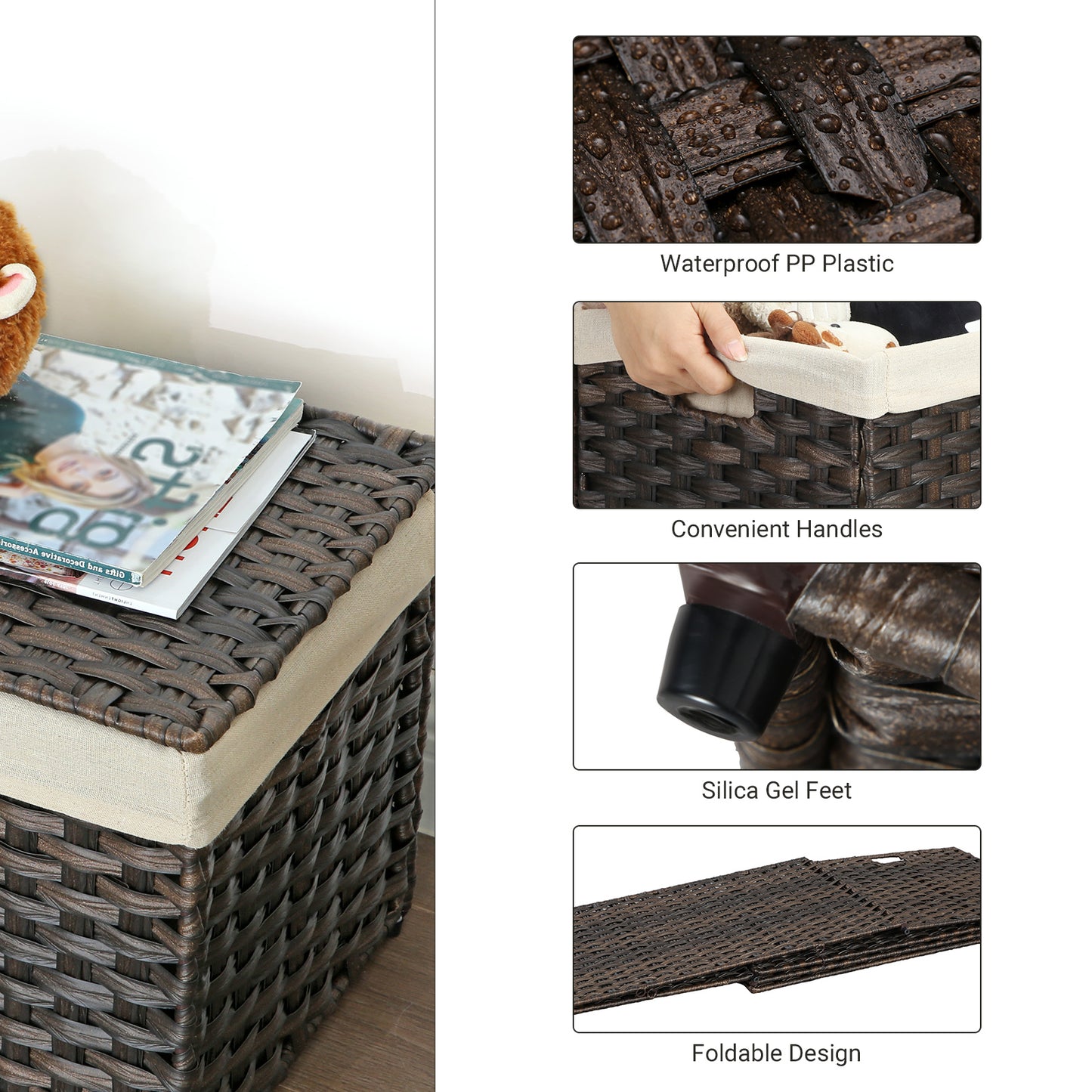 SONGMICS Storage Basket with Lid, 42.3 Gallon (160L) Storage Bin, Woven Blanket Storage Basket with Handles, Foldable, Removable Liner Brown