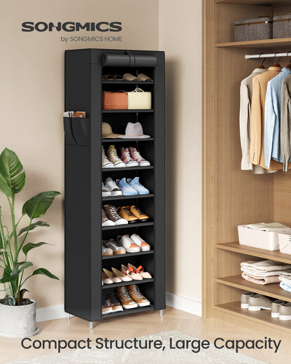 SONGMICS 10-Tier Shoe Rack, with Dustproof Cover, Free-Standing Storage Organizer for Closet, Hold 20 Pairs of Shoes, for Sneakers, High Heels, Black