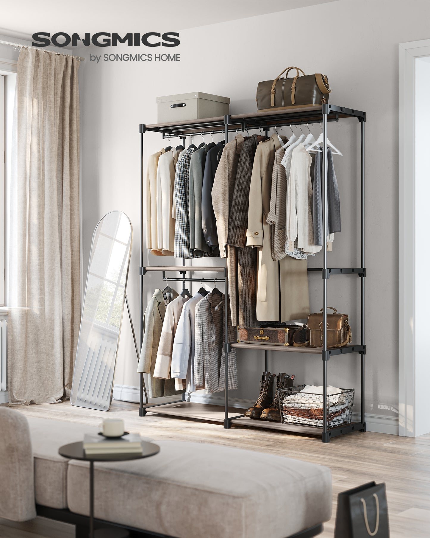 Portable Closet, Freestanding Closet Organizer, Clothes Rack with Shelves, Hanging Rods, Storage Organizer, for Cloakroom, Bedroom, 54.3 x 16.9 x 71.7 Inches, Taupe
