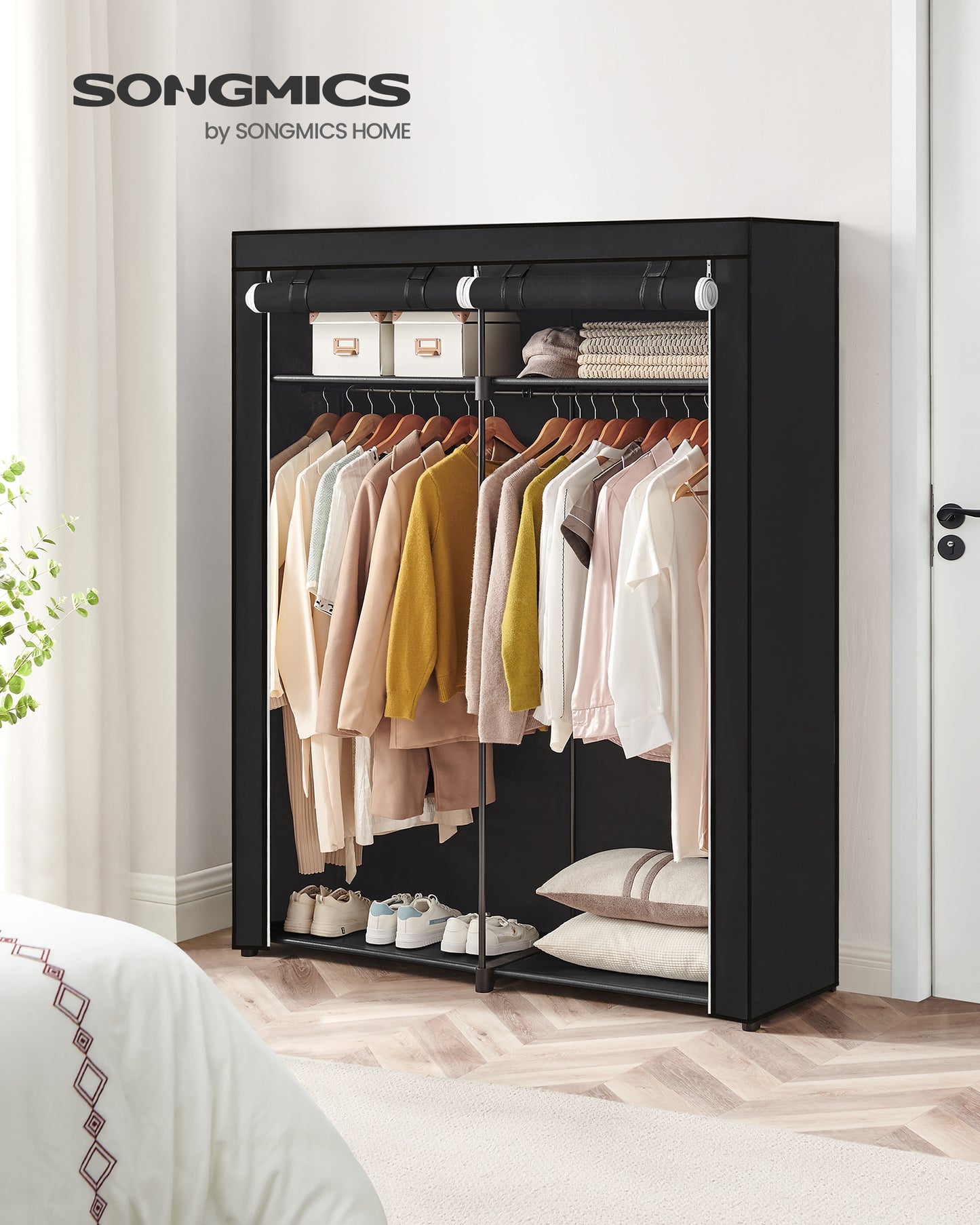 SONGMICS Closet Wardrobe, Portable Closet for Bedroom, Clothes Rail with Non-Woven Fabric Cover, Clothes Storage Organizer Black