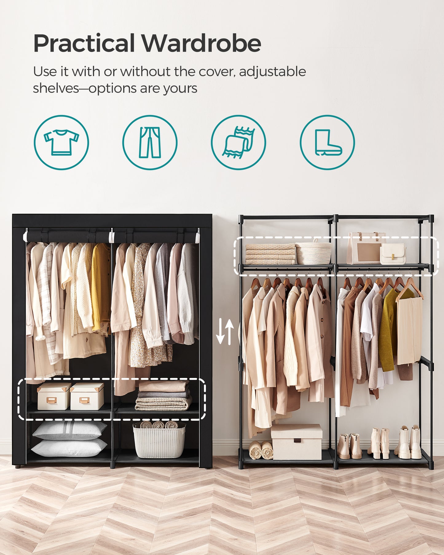SONGMICS Closet Wardrobe, Portable Closet for Bedroom, Clothes Rail with Non-Woven Fabric Cover, Clothes Storage Organizer Black