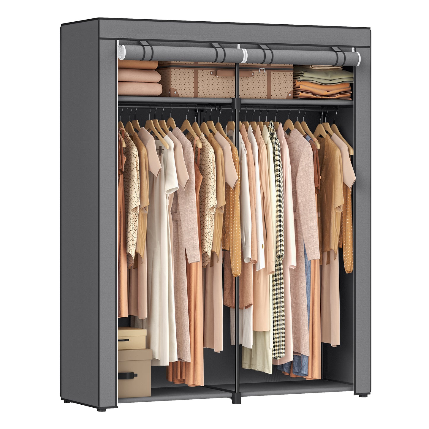 55.1 x 16.9 x 68.5 Inches Portable Clothes Storage Organizer, Non-Woven Fabric Covered Wardrobe Closet with Clothes Rail Gray