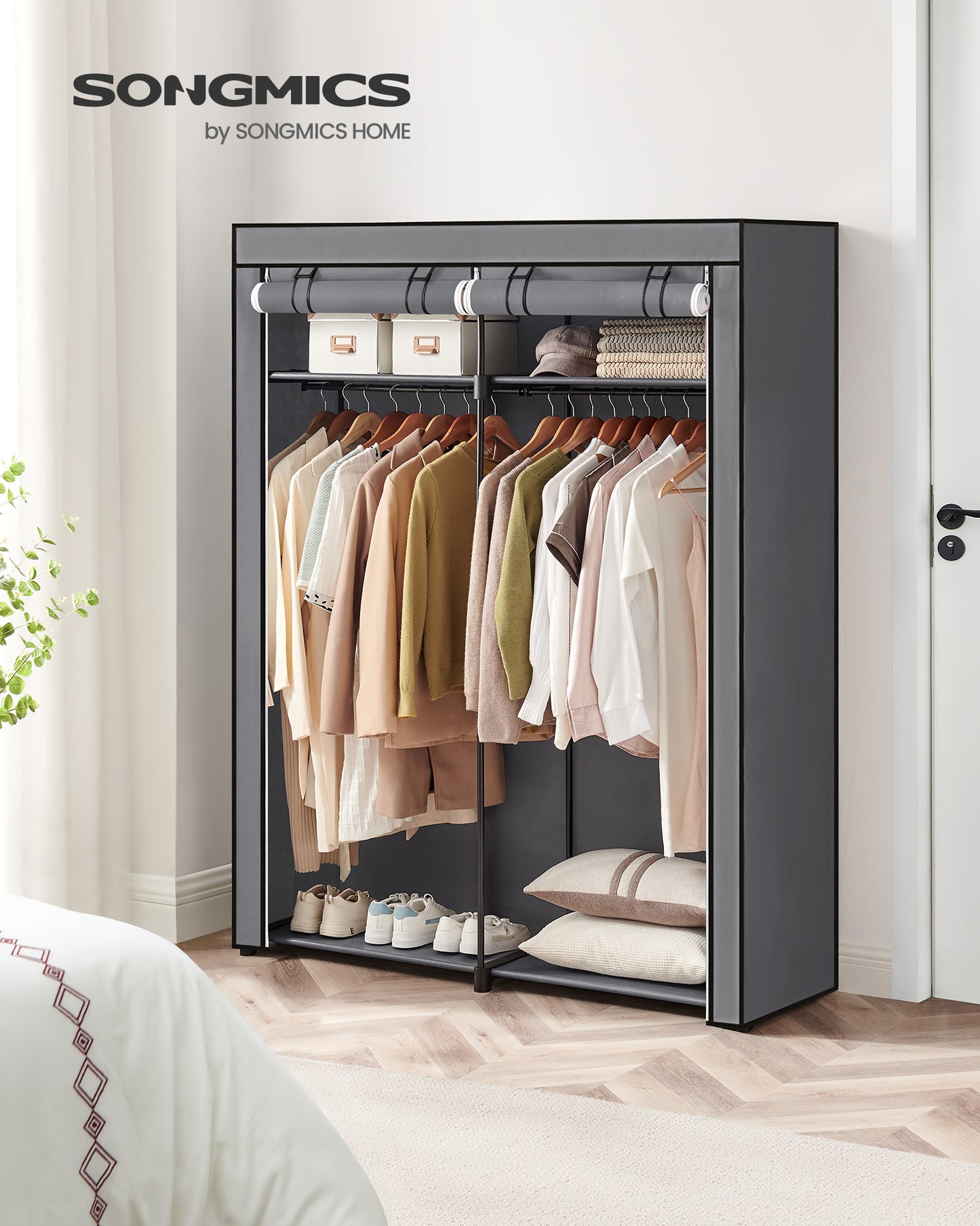 55.1 x 16.9 x 68.5 Inches Portable Clothes Storage Organizer, Non-Woven Fabric Covered Wardrobe Closet with Clothes Rail Gray