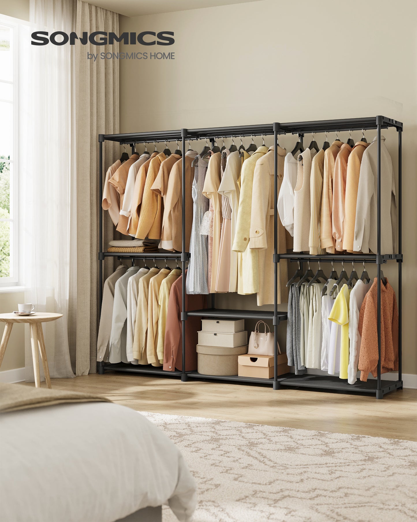 Freestanding Closet Organizer with Hanging Rods & Shelves, Portable Wardrobe Rack, Tool-Free Assembly, Anti-Tip Kit, for Bedroom/Cloakroom, Black