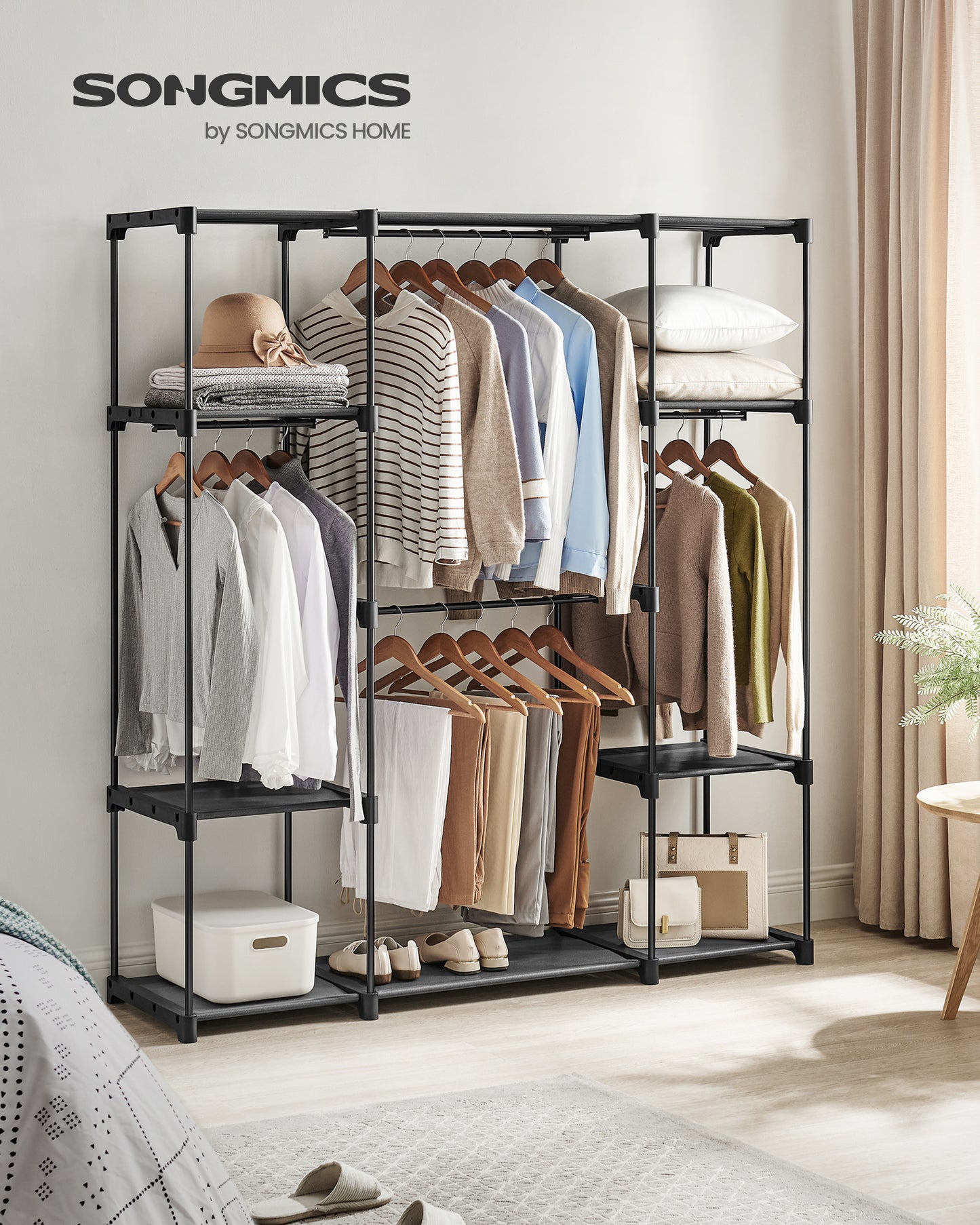 59.5 x 16.9 x 65.4 In Freestanding Portable Closet Organizer System, Clothes Rack with Shelves and Hanging Rods for Bedroom and Cloakroom Black