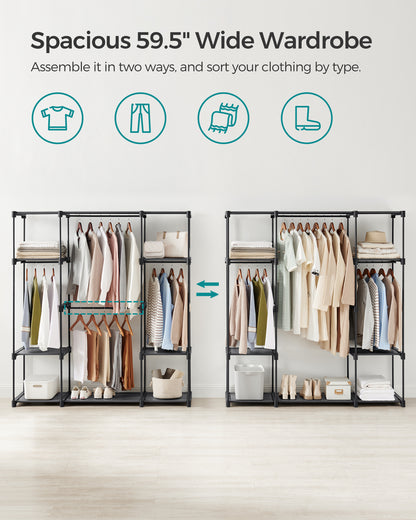 59.5 x 16.9 x 65.4 In Freestanding Portable Closet Organizer System, Clothes Rack with Shelves and Hanging Rods for Bedroom and Cloakroom Black