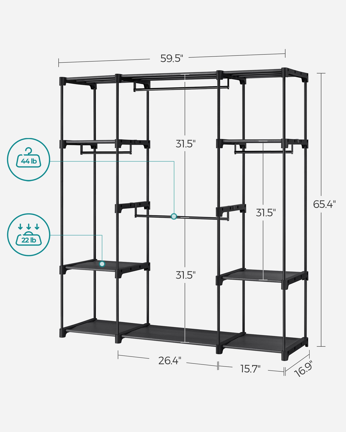 59.5 x 16.9 x 65.4 In Freestanding Portable Closet Organizer System, Clothes Rack with Shelves and Hanging Rods for Bedroom and Cloakroom Black