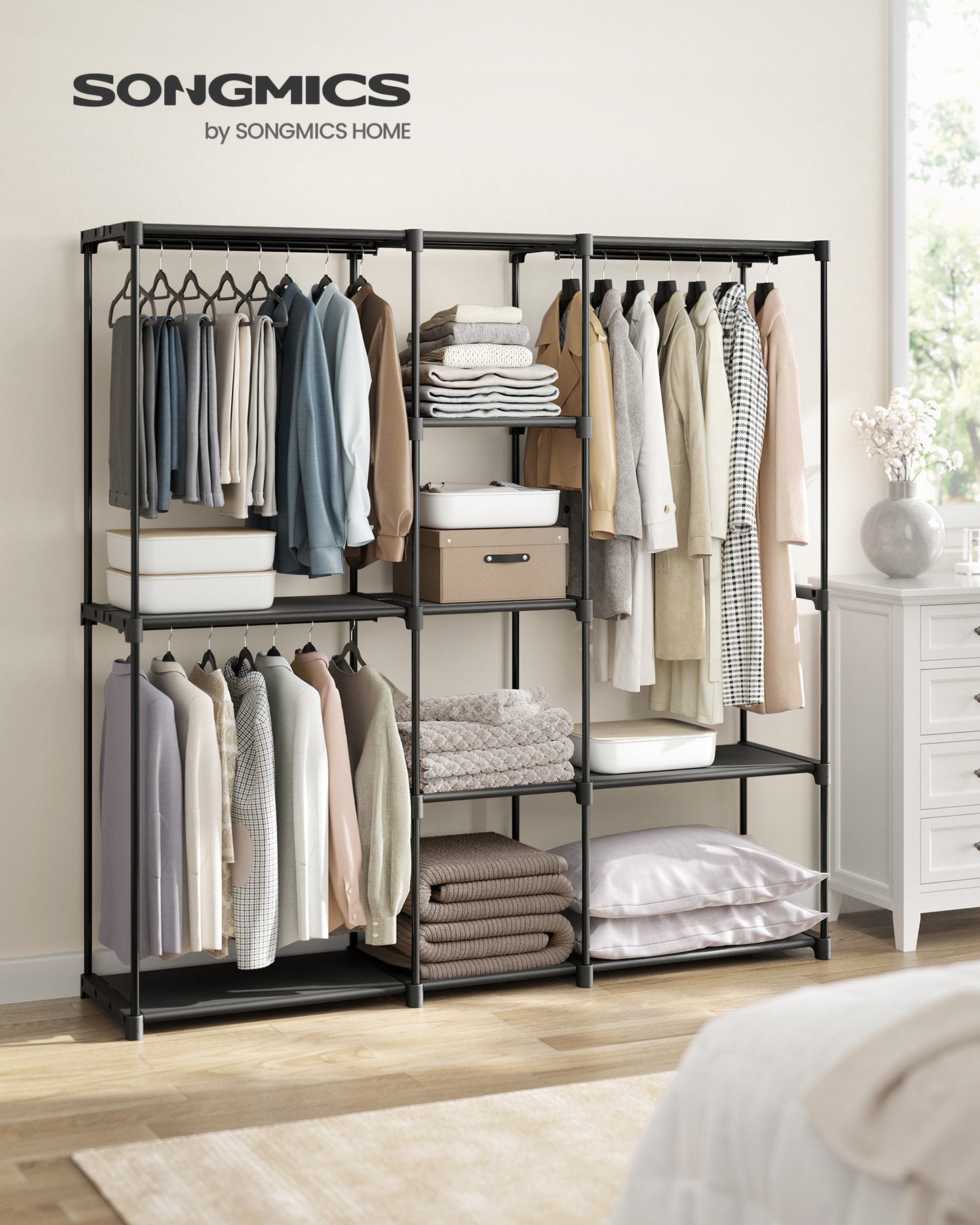 Portable Closet Freestanding Closet Organizer Clothes Rack with Shelves Hanging Rods Storage Organizer for Cloakroom, Bedroom, Black
