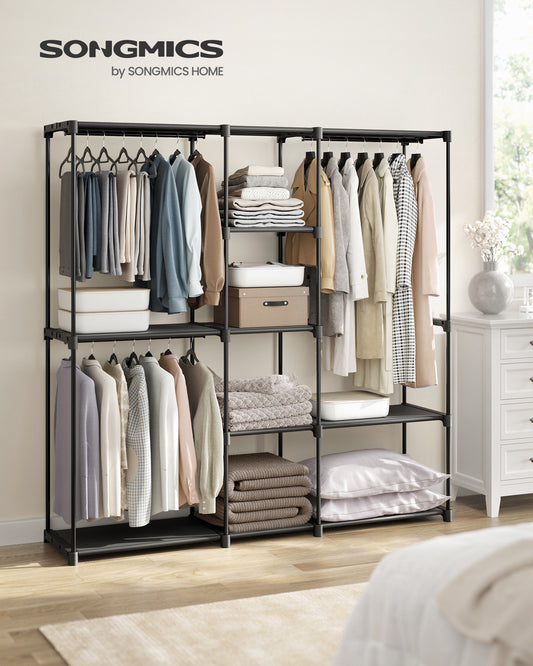 Portable Closet Freestanding Closet Organizer Clothes Rack with Shelves Hanging Rods Storage Organizer for Cloakroom, Bedroom, Black