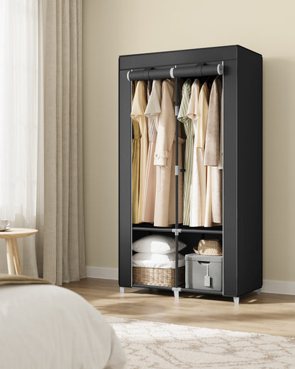 SONGMICS Portable Closet, Wardrobe Closet Organizer with Cover, 2 Hanging Rods and Shelves, 4 Side Pockets, Large Capacity, Ink Black