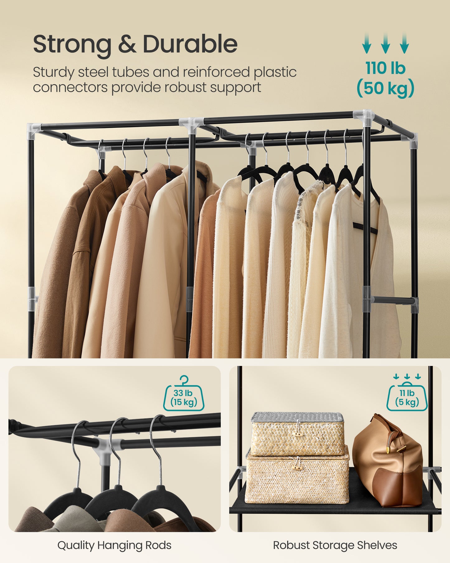 SONGMICS Portable Closet, Wardrobe Closet Organizer with Cover, 2 Hanging Rods and Shelves, 4 Side Pockets, Large Capacity, Ink Black