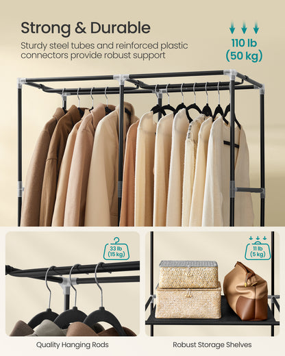 SONGMICS Portable Closet, Wardrobe Closet Organizer with Cover, 2 Hanging Rods and Shelves, 4 Side Pockets, Large Capacity, Ink Black