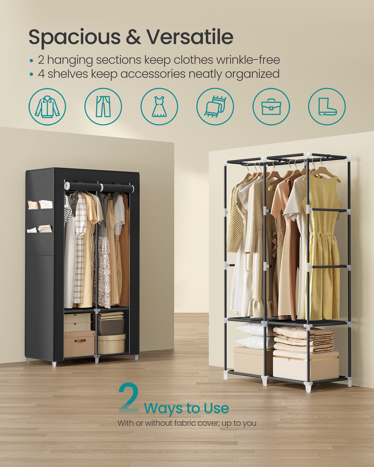 SONGMICS Portable Closet, Wardrobe Closet Organizer with Cover, 2 Hanging Rods and Shelves, 4 Side Pockets, Large Capacity, Ink Black