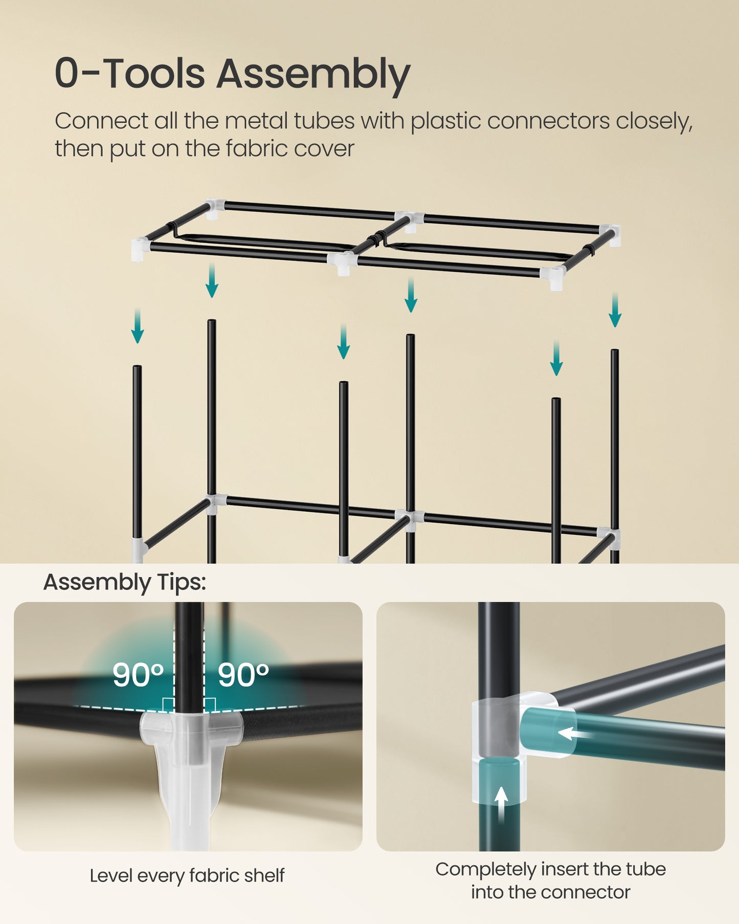 SONGMICS Portable Closet, Wardrobe Closet Organizer with Cover, 2 Hanging Rods and Shelves, 4 Side Pockets, Large Capacity, Ink Black