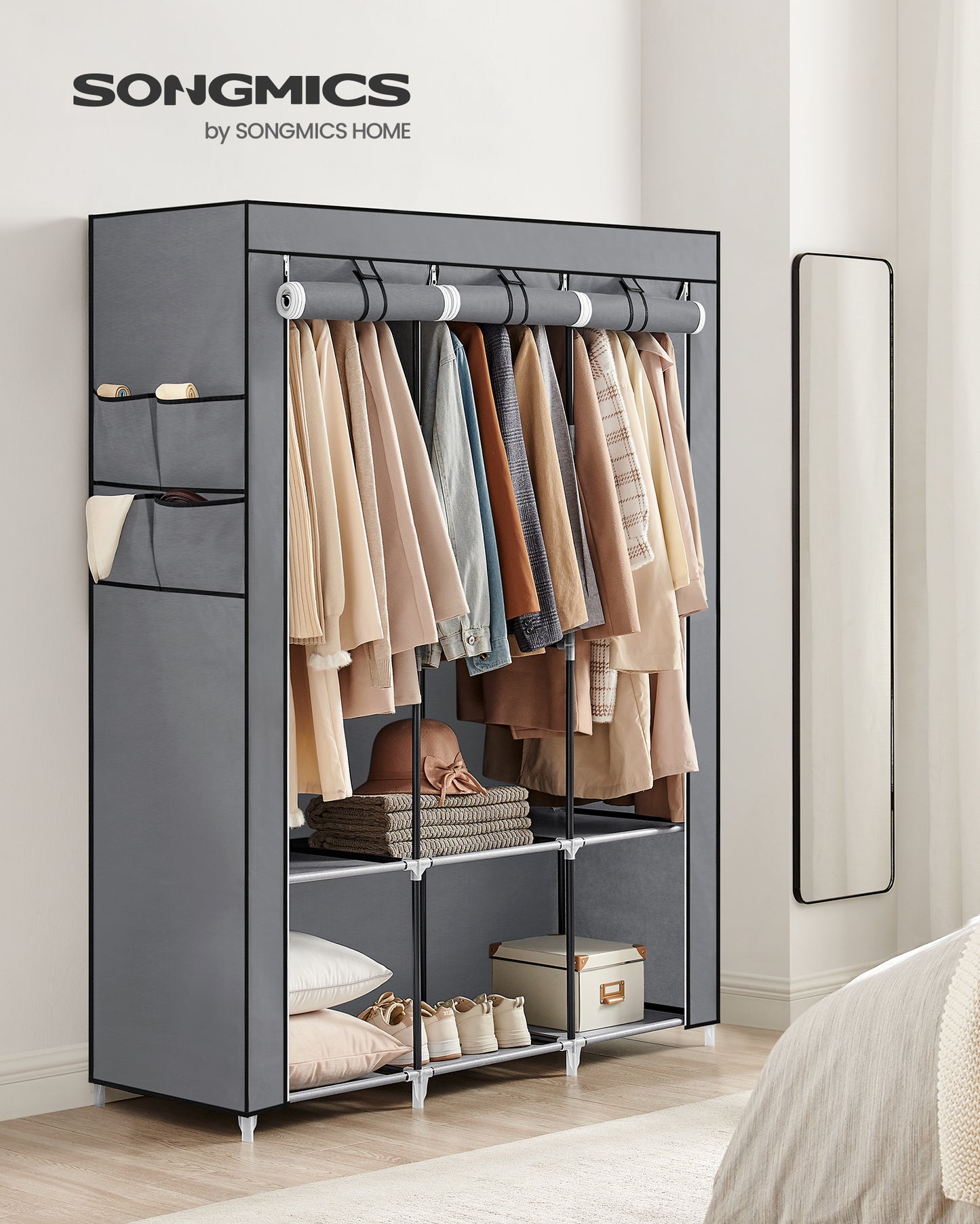 SONGMICS Portable Closet Clothes Wardrobe Organizer with Corver Clothing Rack with 3 Hanging Rods and Shelves Room Gray
