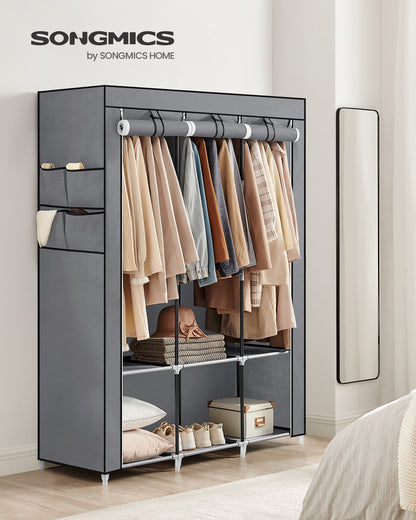 SONGMICS Portable Closet Clothes Wardrobe Organizer with Corver Clothing Rack with 3 Hanging Rods and Shelves Room Gray
