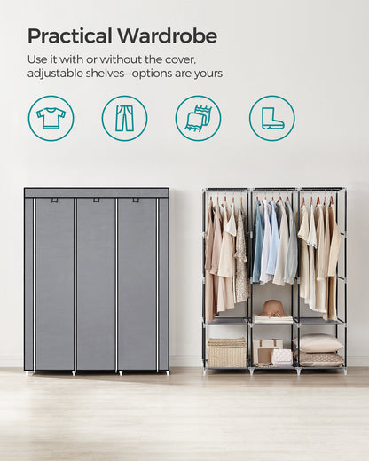 SONGMICS Portable Closet Clothes Wardrobe Organizer with Corver Clothing Rack with 3 Hanging Rods and Shelves Room Gray