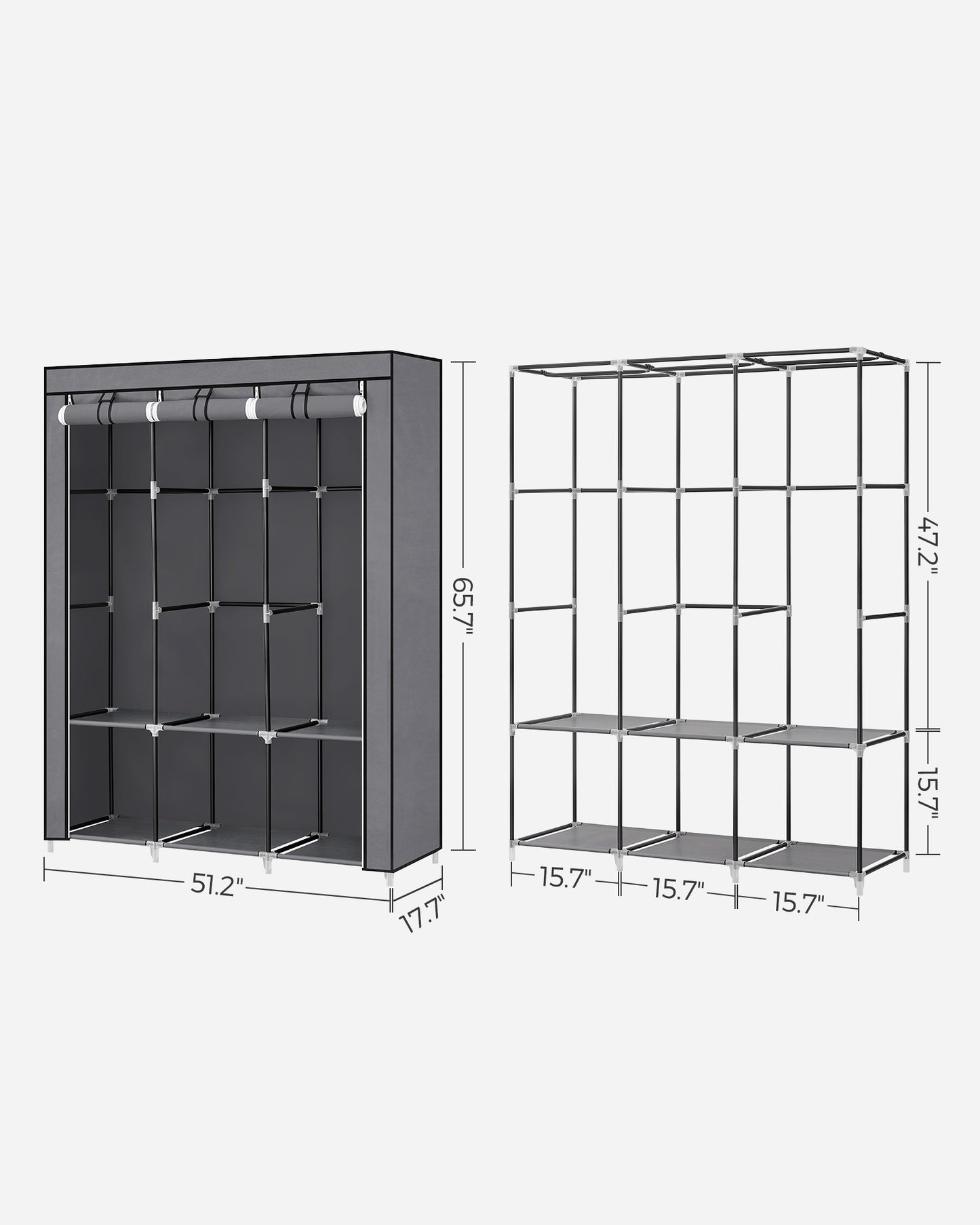 SONGMICS Portable Closet Clothes Wardrobe Organizer with Corver Clothing Rack with 3 Hanging Rods and Shelves Room Gray