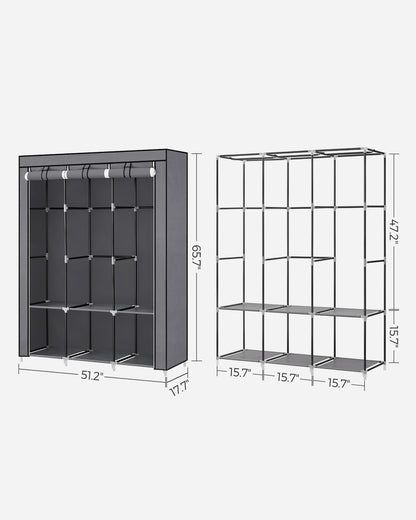 SONGMICS Portable Closet Clothes Wardrobe Organizer with Corver Clothing Rack with 3 Hanging Rods and Shelves Room Gray