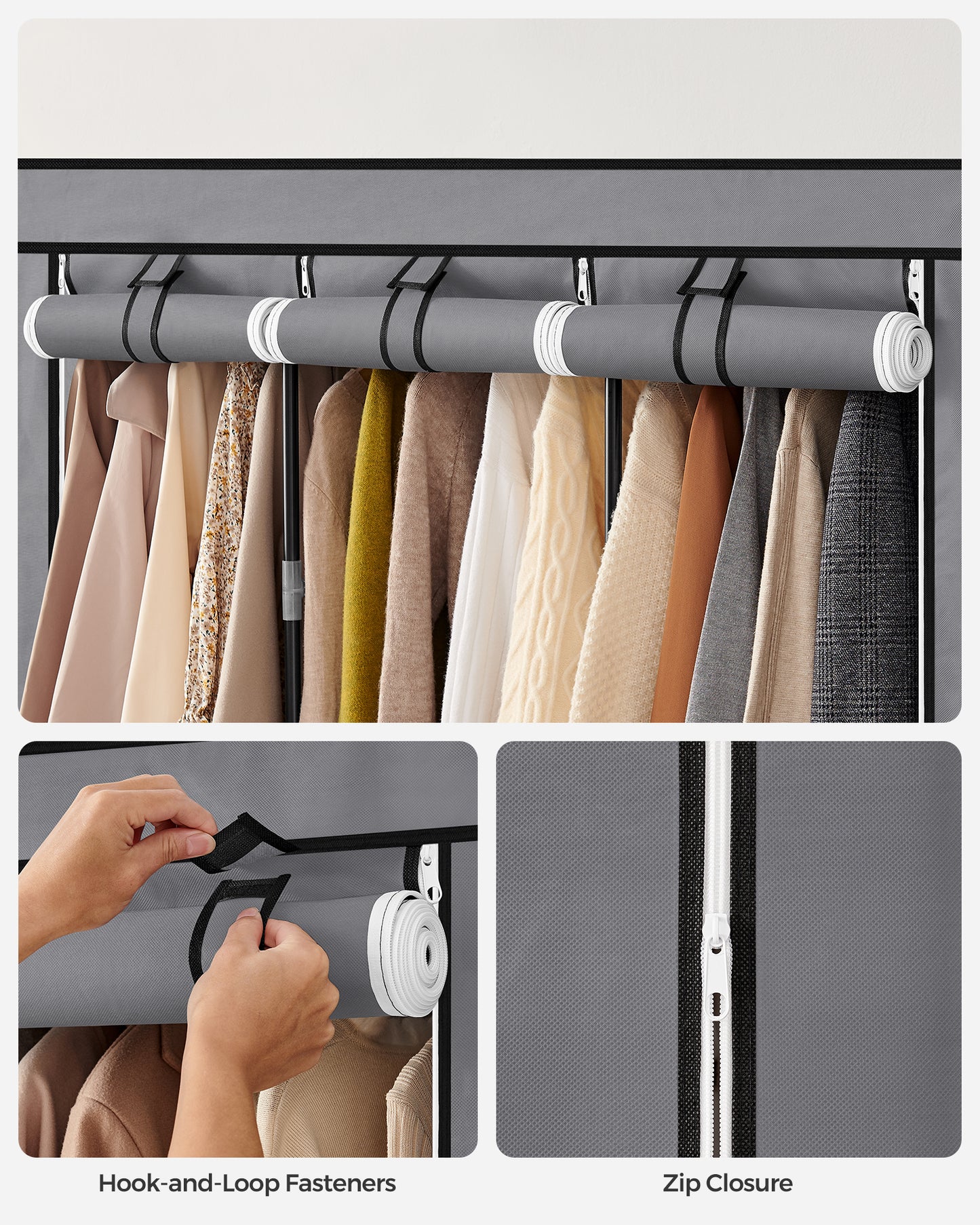 SONGMICS Portable Closet Clothes Wardrobe Organizer with Corver Clothing Rack with 3 Hanging Rods and Shelves Room Gray