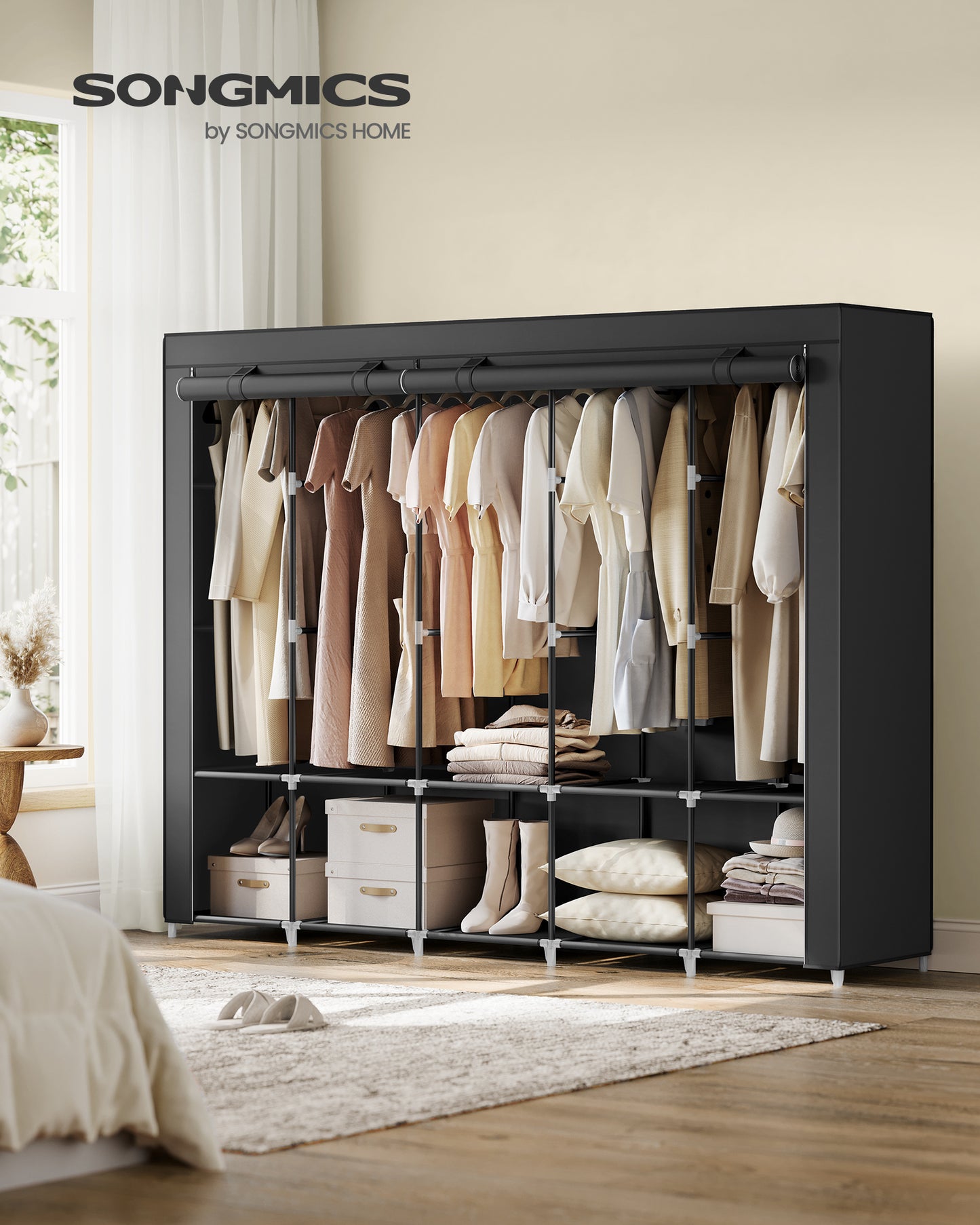 Portable Closet, Wardrobe Closet Organizer 5 Hanging Rods and Shelves, 4 Side Pockets Large Capacity for Bedroom, Living Room Ink Black