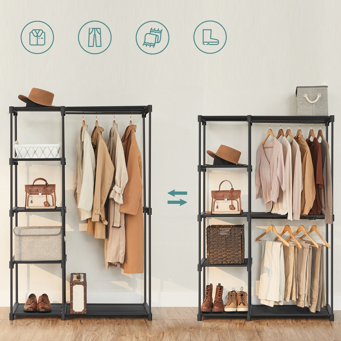Portable Closet Organizer Freestanding, 44.1 x 16.9 x 65 In Clothes Rack System with Shelves and Hanging Rods for Bedroom and Cloakroom