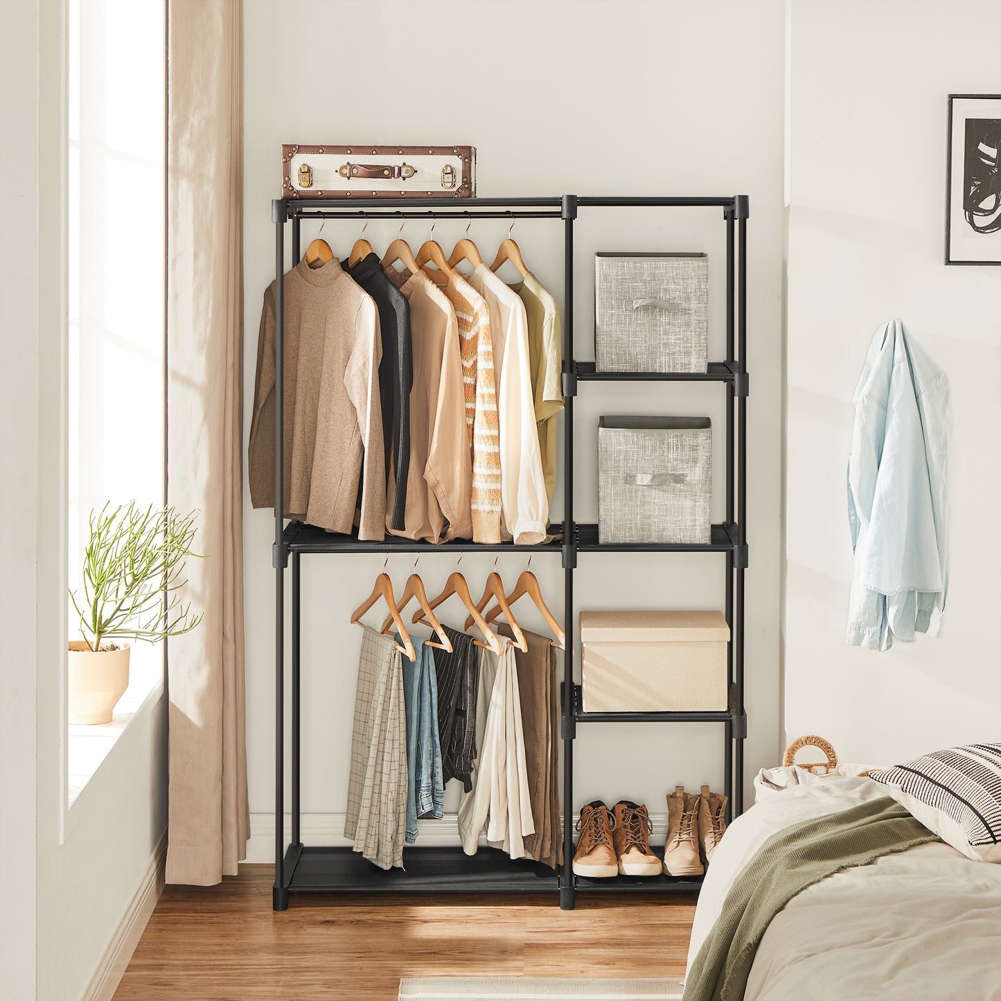Portable Closet Organizer Freestanding, 44.1 x 16.9 x 65 In Clothes Rack System with Shelves and Hanging Rods for Bedroom and Cloakroom