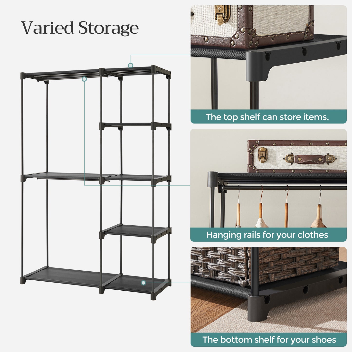 Portable Closet Organizer Freestanding, 44.1 x 16.9 x 65 In Clothes Rack System with Shelves and Hanging Rods for Bedroom and Cloakroom