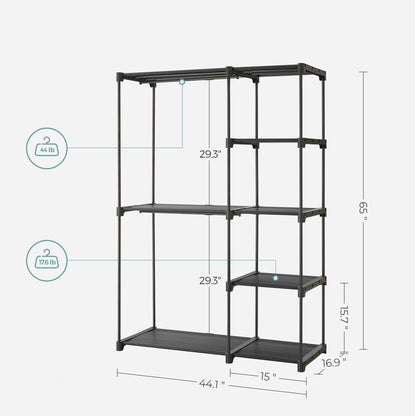 Portable Closet Organizer Freestanding, 44.1 x 16.9 x 65 In Clothes Rack System with Shelves and Hanging Rods for Bedroom and Cloakroom
