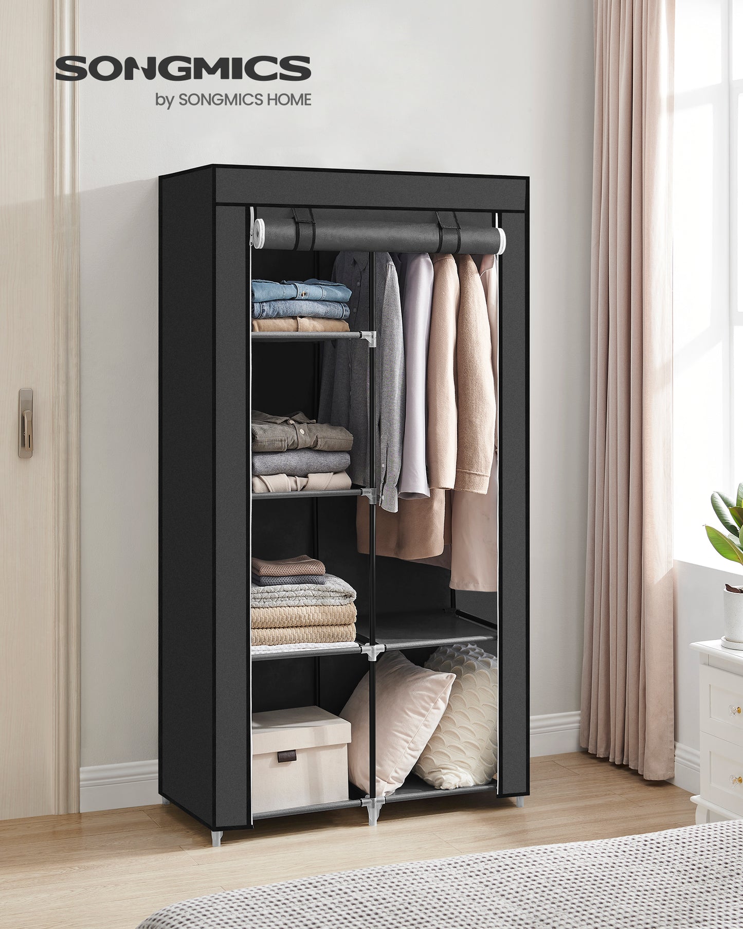SONGMICS Canvas Closet with 2 Hanging Rails, Fabric Wardrobe, Black
