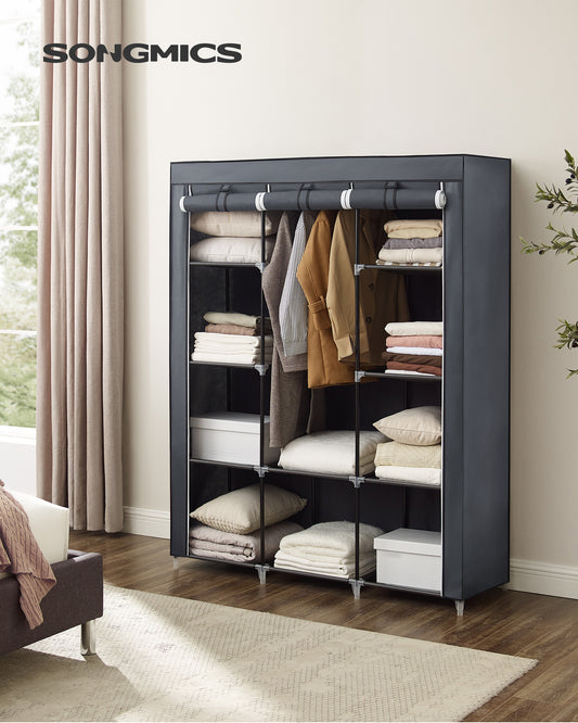 SONGMICS 51' Portable Clothes Closet Wardrobe Storage Organizer with 10 Shelves Quick and Easy to Assemble, Extra Space Grey URYG93G
