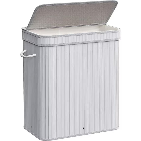 100L Laundry Hamper with Lid Bamboo Laundry Basket with Liner Bag Foldable Storage Hamper with Handles Gray