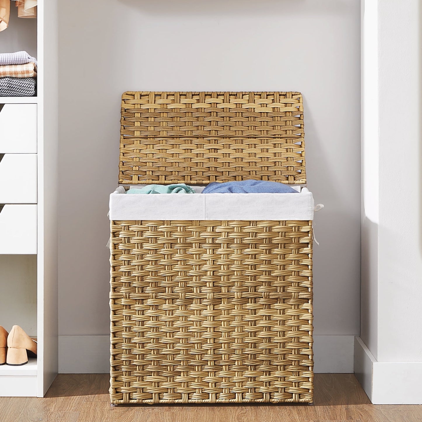 SONGMICS 110L Double Laundry Hamper with Lid Folding Laundry Basket with 2 Removable Liner Bags & 6 Mesh Bags Clothes Hamper for Laundry Room Natural