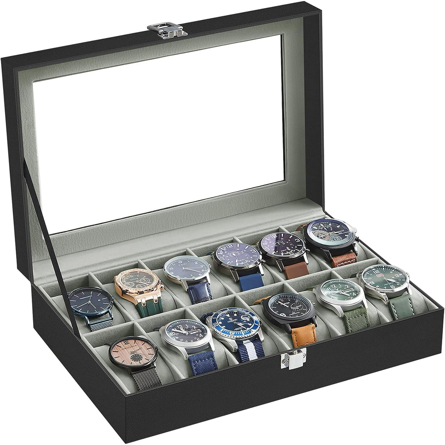 SONGMICS 12-Slot Watch Box Display Case Watch Holder for Men and Women Organizer with Large Glass Lid Jewelry Collection Storage