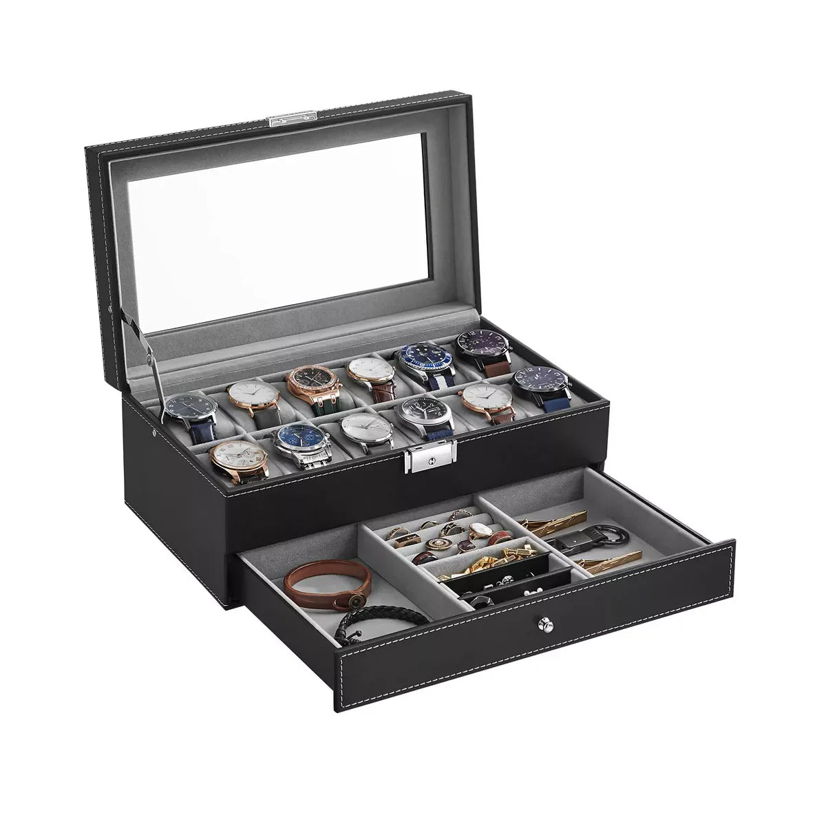 12-Slot Watch Box, 2 Layers Lockable Watch Case with Glass Lid with 1 Drawer, Black and Gray