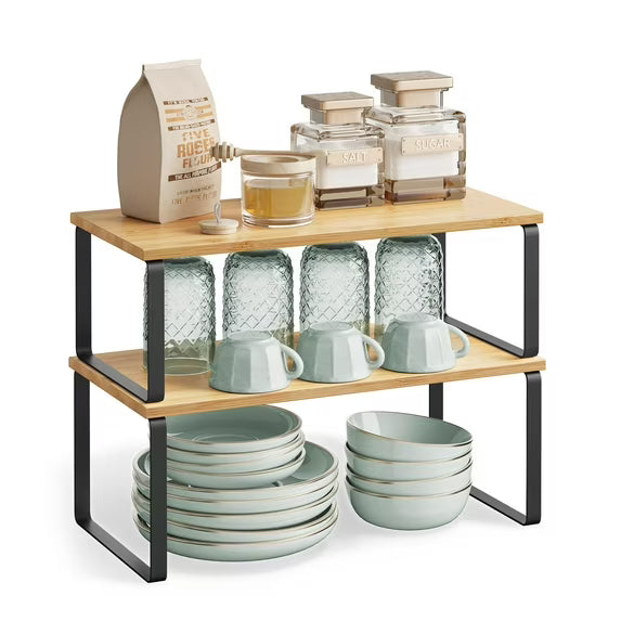 SONGMICS 2 Pack Cabinet Organizer Shelf, Kitchen Counter Shelves, Kitchen Storage, Spice Rack, Stackable, Expandable, Metal and Engineered Wood, Ink Black and Natural Beige
