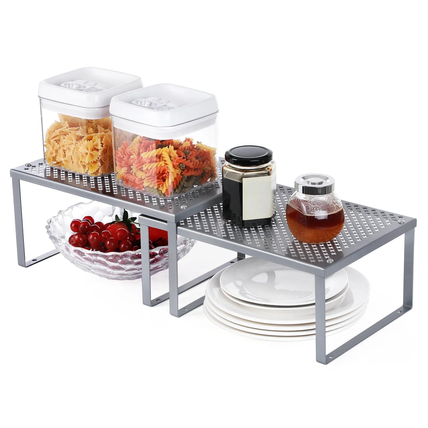 2 Pack Cabinet Shelf Organizer, Kitchen Counter Shelves, Riser, Supplies, Silver