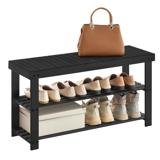 SONGMICS 3-Tier Bamboo Shoe Rack Bench -8 Pair Entryway Shoe Storage Organizer - Holds Up to 286 lb - 11.3 x 35.4 x 17.8 Inches - Black